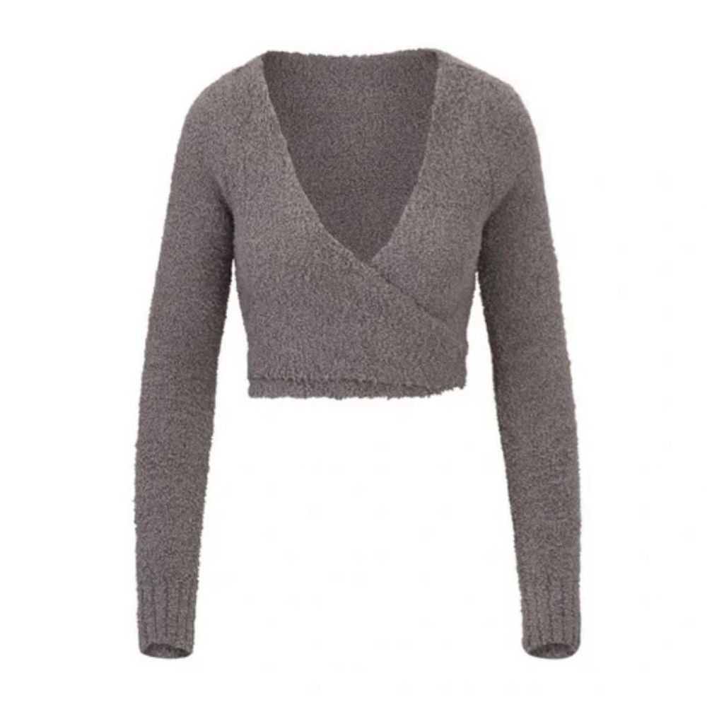 SKIMS Cozy Knit Wrap Top Gray Smoke Size Small Medium Fuzzy Long Sleeve NEW